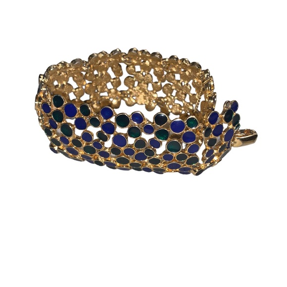 Vintage bracelet, gold with blue and green enamel decoration. 8”x1.5” - Picture 2 of 8